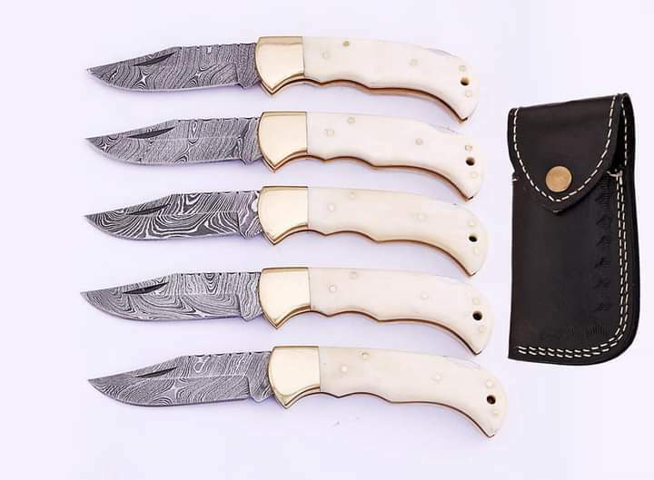 5 Piece Lot Custom Hand Made Damascus Steel Folding Pocket Knifes.. Back Lock