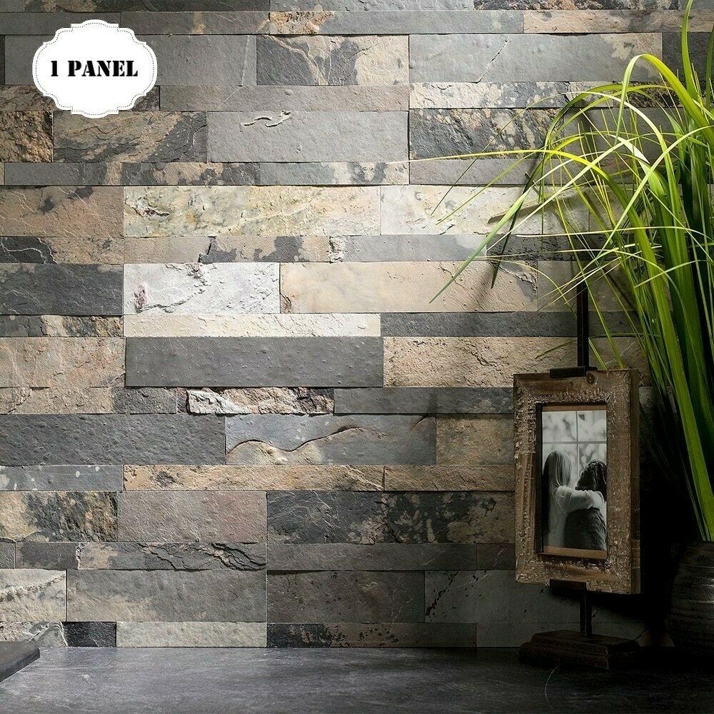 Peel And Stick Tile Self Adhesive Stone Slate Wall Kitchen Backsplash Grey Tan