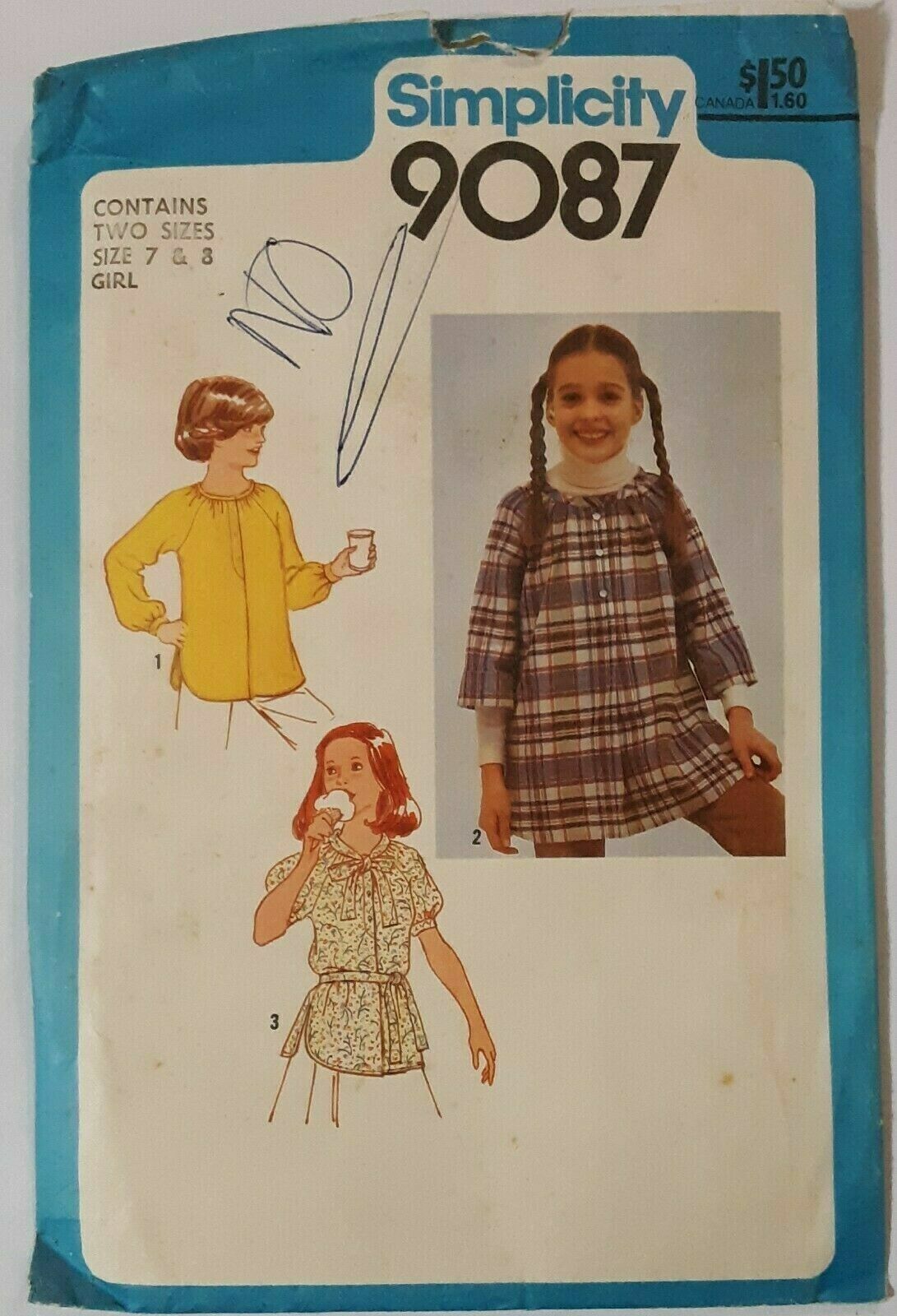 Vintage 1979, Simplicity #9087 Girls' Sizes 7 & 8 Pullover Tunic & Belt Pattern
