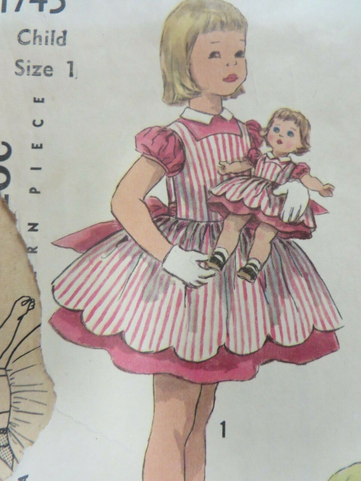 Vtg 50's Simplicity 1745 Pinafore & Dress & Matching Doll Sewing Pattern Toddler