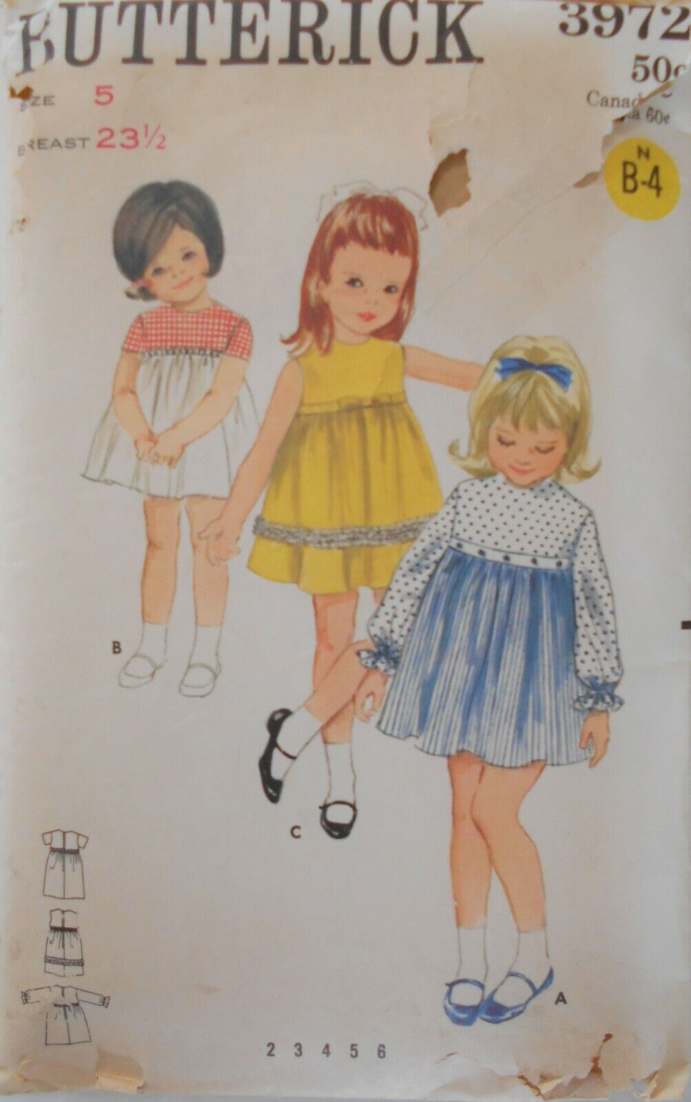 Vintage Butterick Sewing Pattern #3972 Girls Size 5  One Piece Dress 3 Sleeves