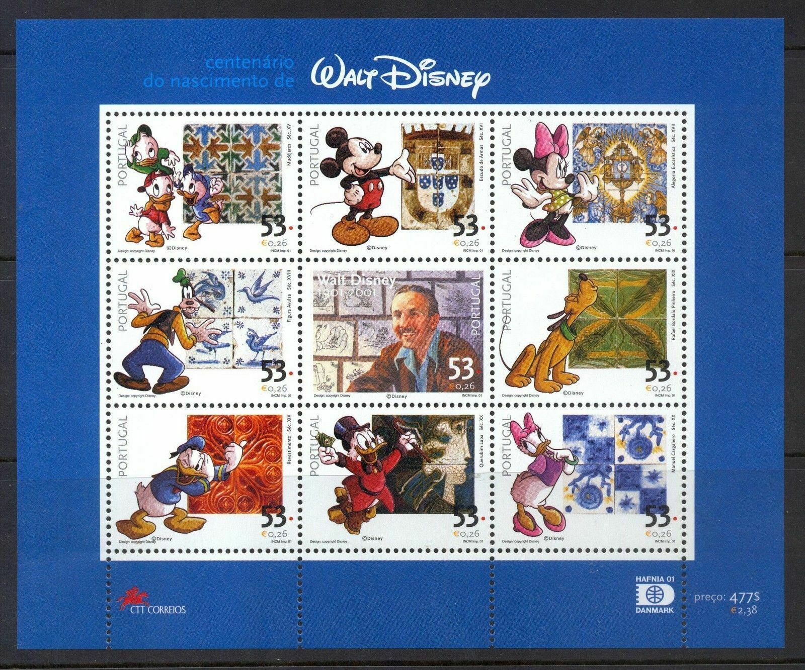 Portugal  - Disney Stamps - 100th Birthday Of Walt Disney - Sheet Of 9 - Mnh