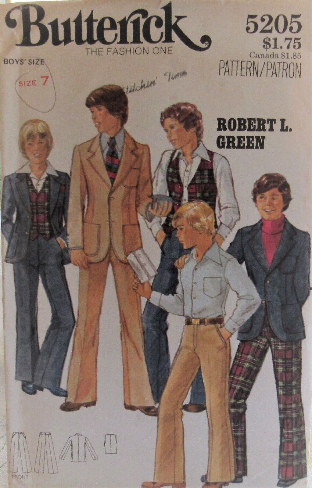 Vtg 70s Butterick 5205 Boys S7 Suit Jacket Pants Vest Retro Pattern Robert Green
