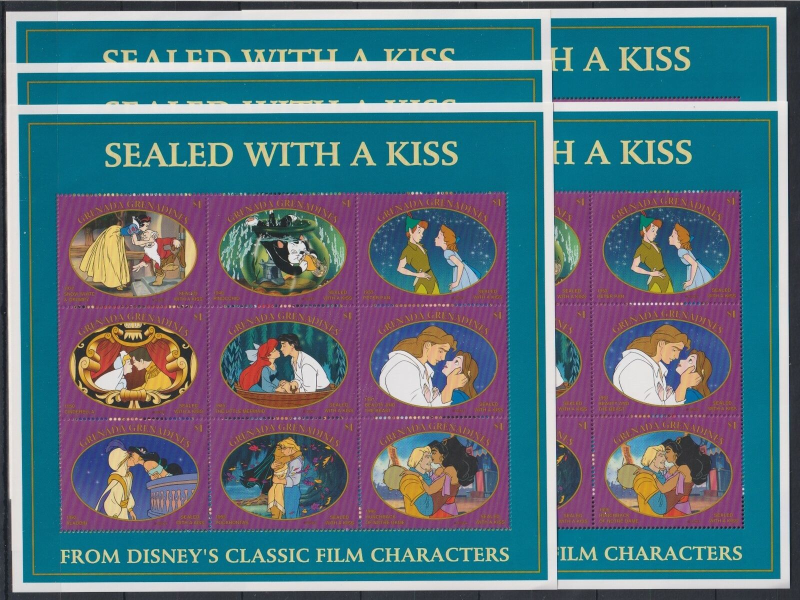 Z466. 5x Grenada - Mnh - Animation - Disney - Sealed With A Kiss