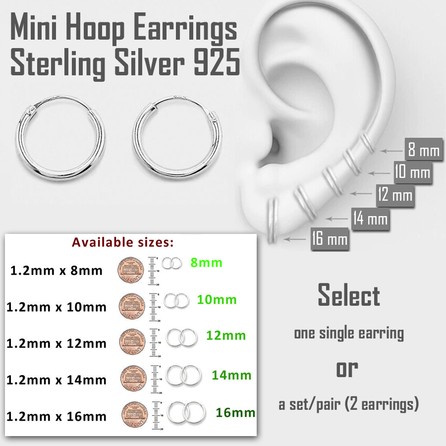Mini Hoop Earrings Sterling Silver 925 Sizes 8mm 10mm 12mm 14mm 16mm Single/pair