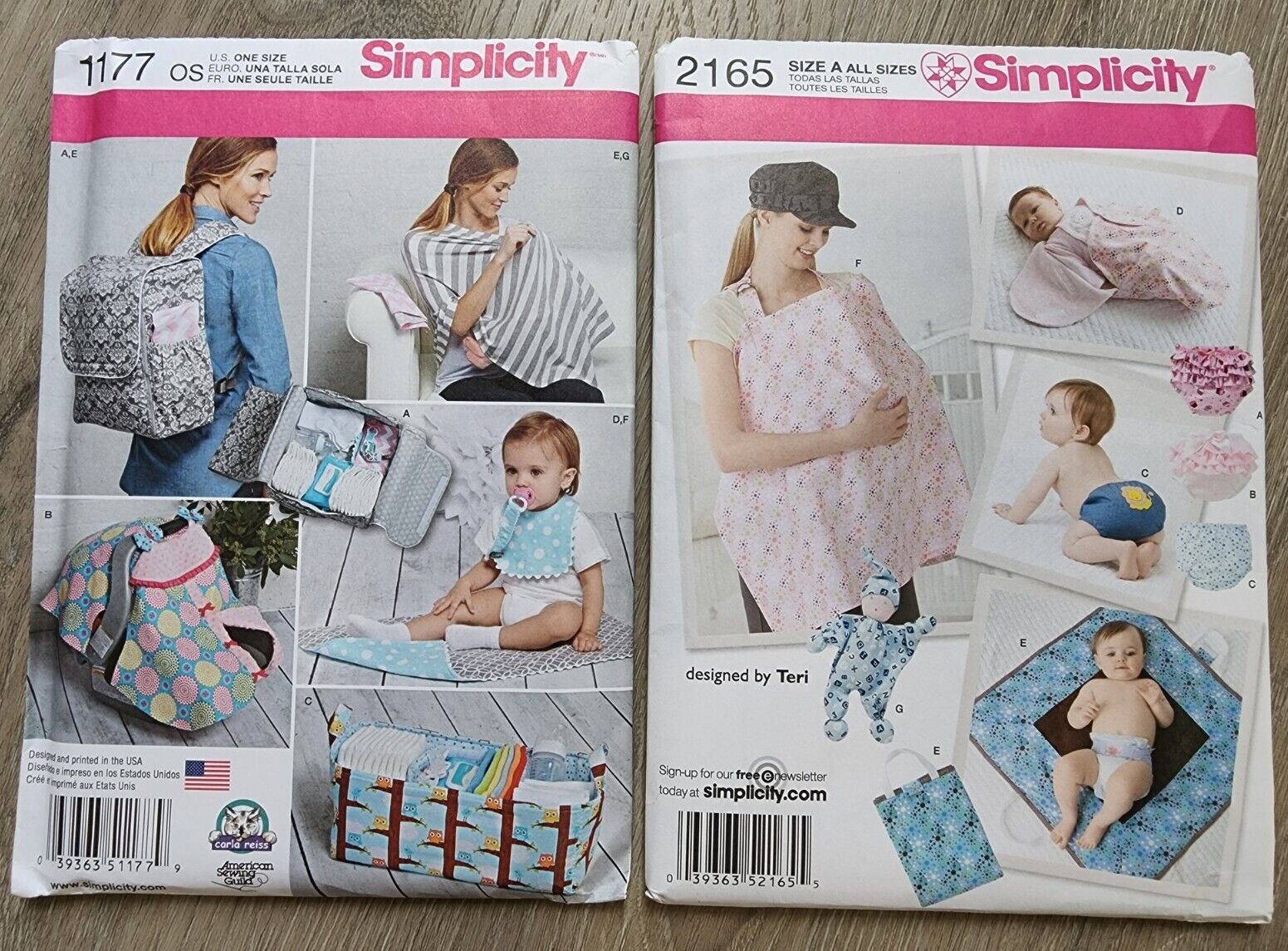 2 Lot Simplicity Patterns Uncut: Baby  1177 & 2165 Diaper Blanket Bib Carry Bag