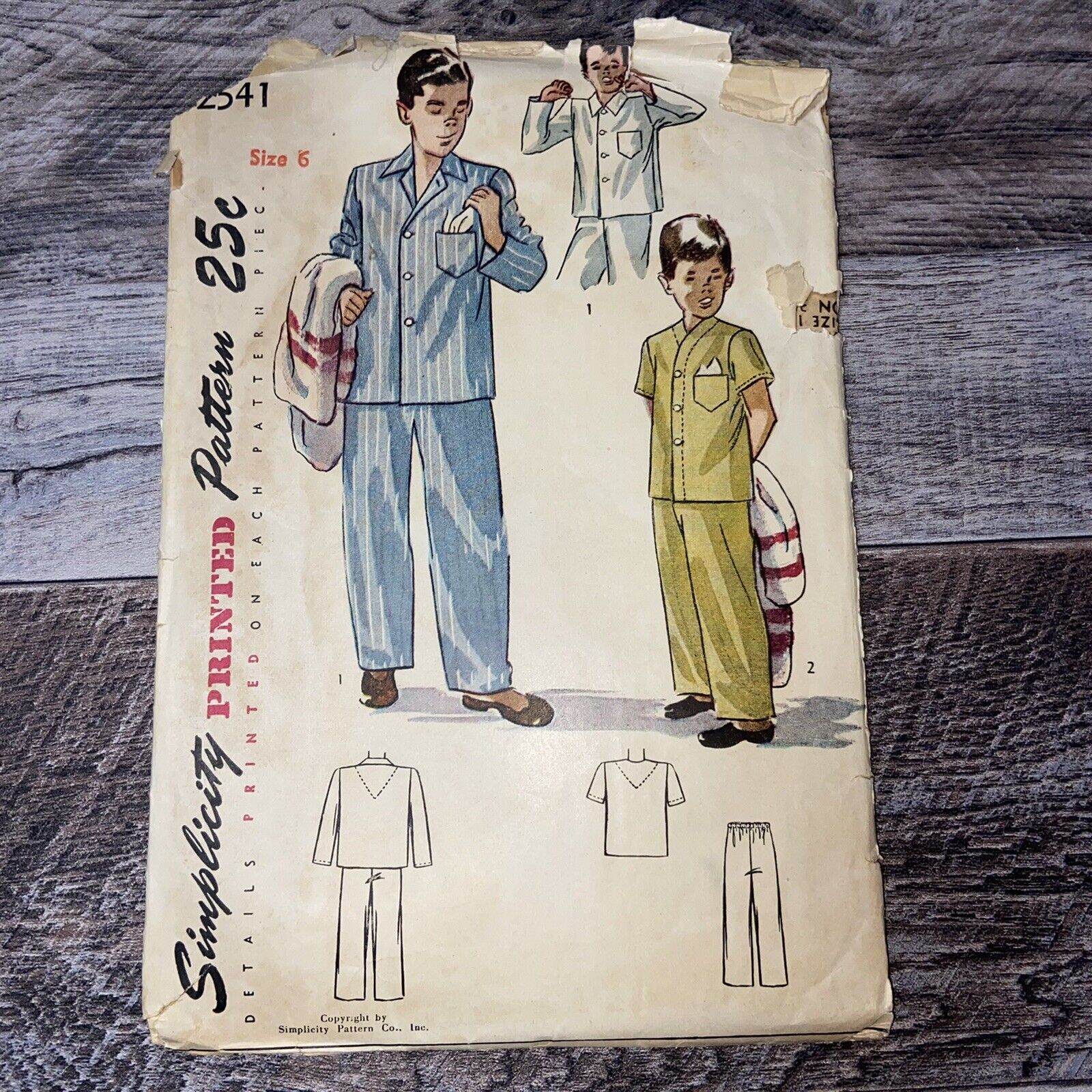 Vintage 40s Simplicity Pattern Boys Two Piece Pajamas Sewing Pattern Size 6